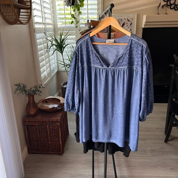 Catherines Top Womens Size 4XL Blue Eyelet Balloon Sleeve V Neck Blouse Peasant - Picture 13 of 13